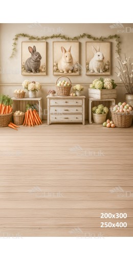 Tło fotograficzne wielkanocne z obrazami królików, pastelowymi pisankami i marchwiami | E571